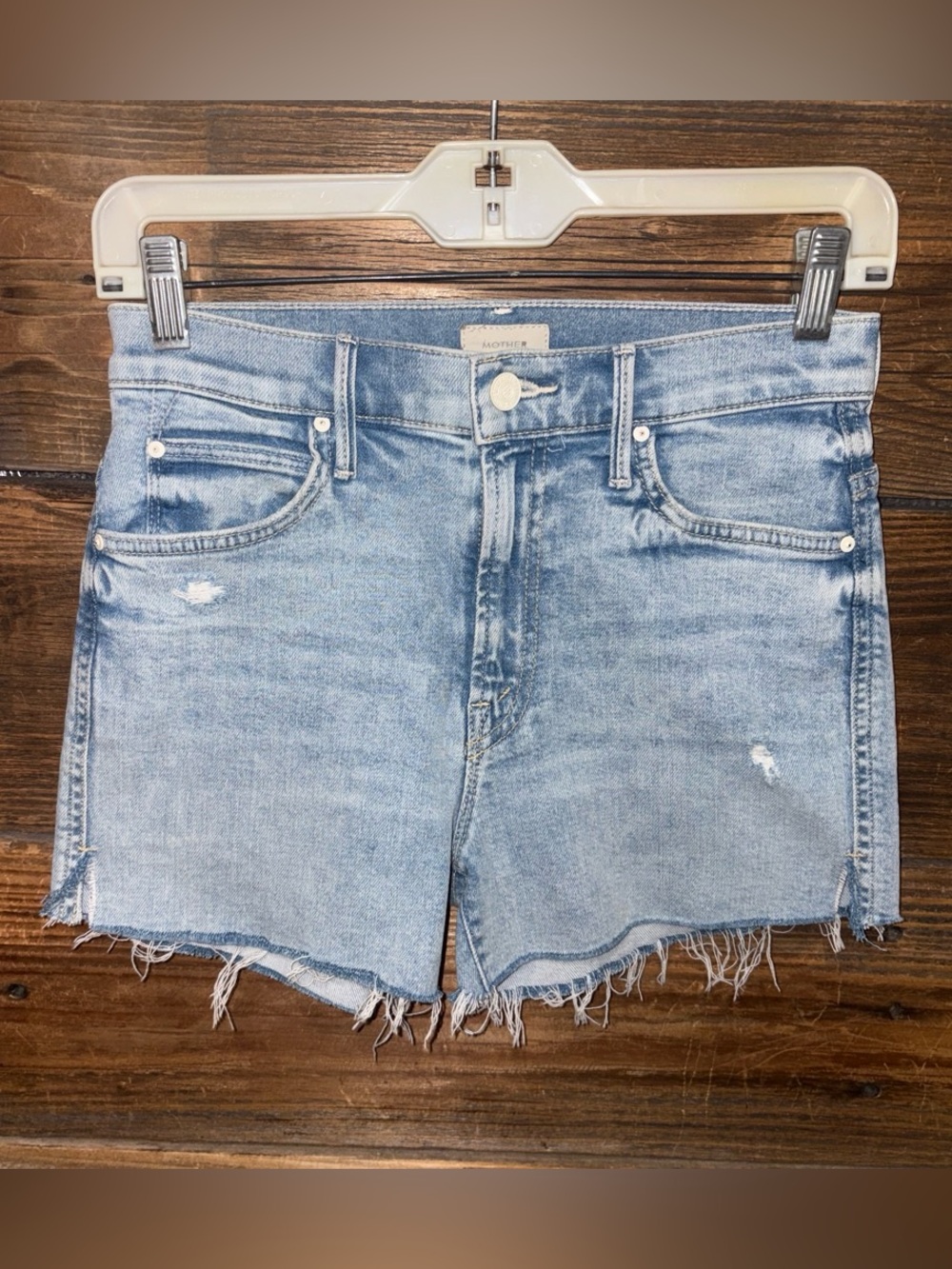 MOTHER Light Blue Distressed Denim Shorts “Rascal Fray”